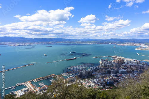 Aerial view of top of Gibraltar Rock. Gibraltar is a territory of South West Europe which is part of the United Kingdom