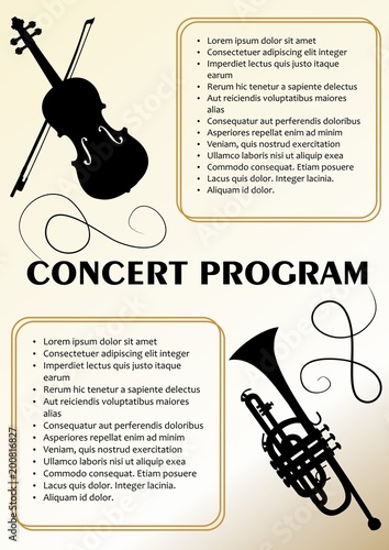 Concert program template with violin and trumpet silhouette, text frames, beige background in old paper style