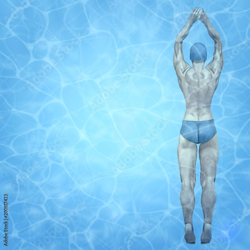 Healthy lifestyle. Fit swimmer training in the swimming pool. Professional male swimmer inside swimming pool. Texture of water surface. Pool water. Overhead view. Vector illustration background