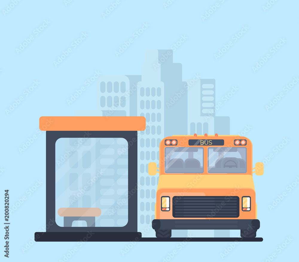 City bus with bus stop. School bus. Vehicle for transportation passengers. Urban background. City bus with bus stop. School bus. Vehicle for transportation passengers. Urban background.