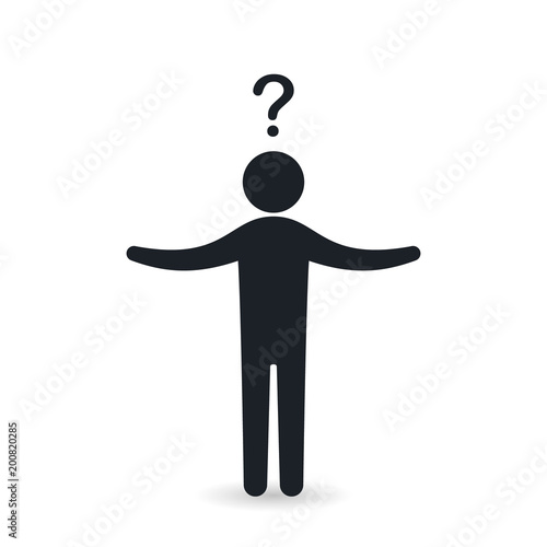 Man with question icon silhouette with raised hands up on white background. Black people silhouette Vector illustration