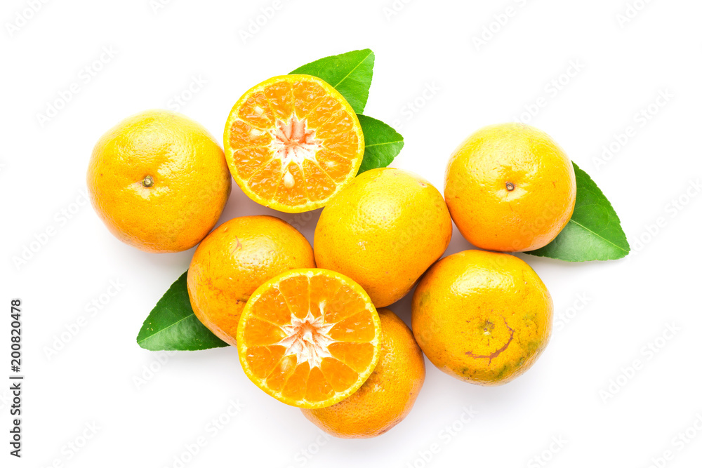 fresh orange with leaf isolated on white in top view fresh orange with leaf isolated on white in top view
