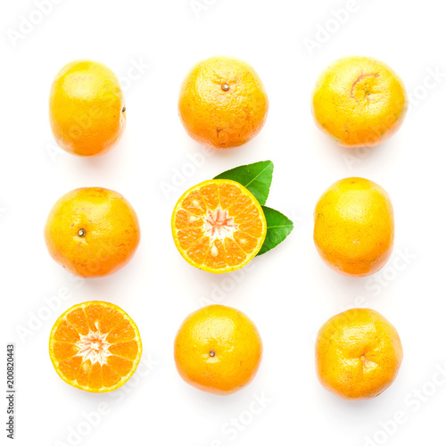 set of orange with leaf isolated on white in top view