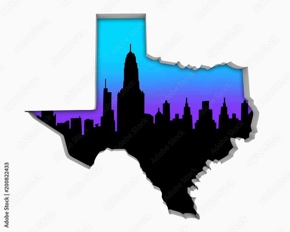 Texas TX Skyline City Metropolitan Area Nightlife 3d Illustration