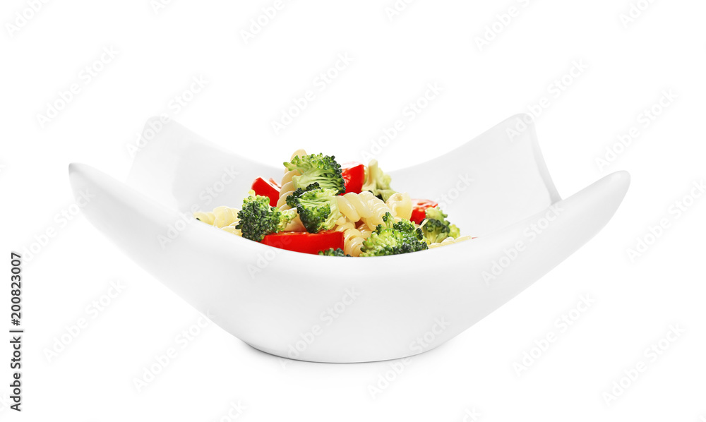 Tasty pasta salad with fresh vegetables on white background Tasty pasta salad with fresh vegetables on white background
