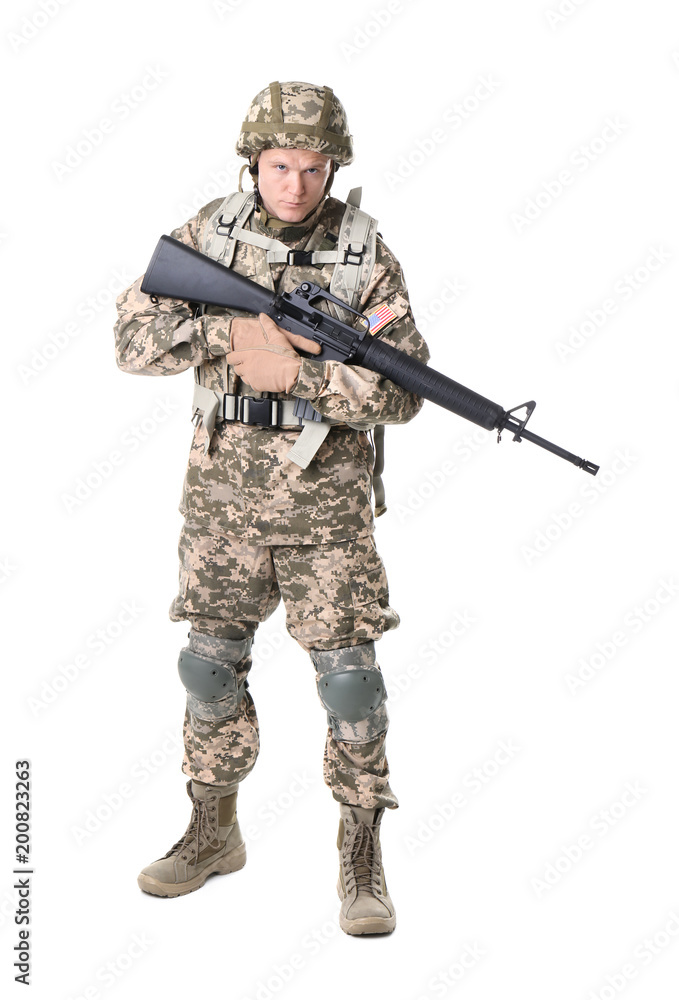 Male soldier with machine gun on white background. Military service Male soldier with machine gun on white background. Military service