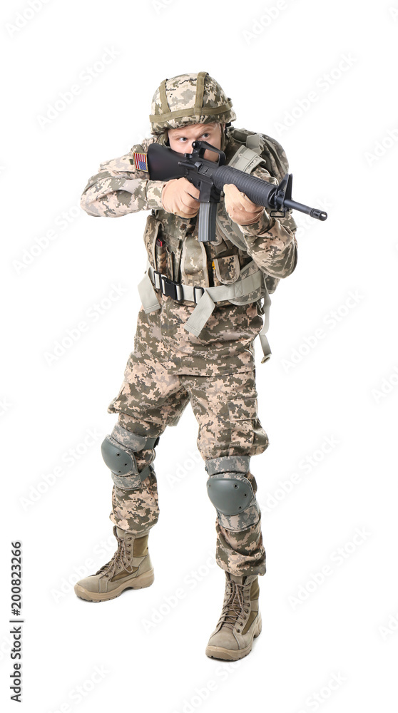 Male soldier with machine gun on white background. Military service Male soldier with machine gun on white background. Military service
