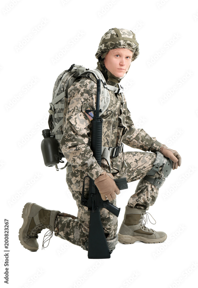 Male soldier with machine gun on white background. Military service Male soldier with machine gun on white background. Military service