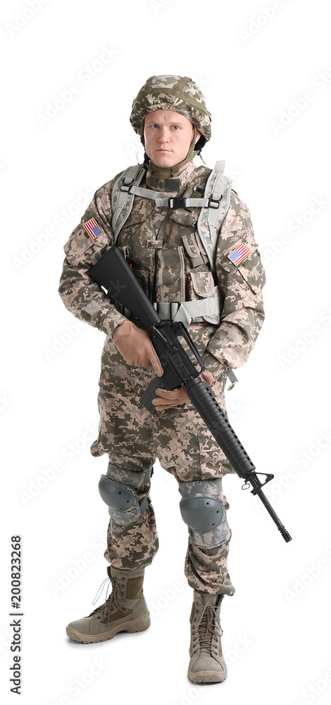 Male soldier with machine gun on white background. Military service Male soldier with machine gun on white background. Military service