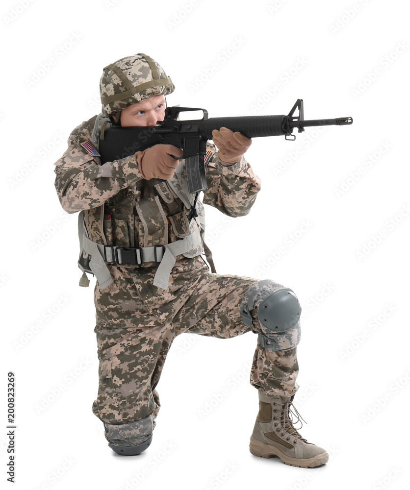 Male soldier with machine gun on white background. Military service Male soldier with machine gun on white background. Military service
