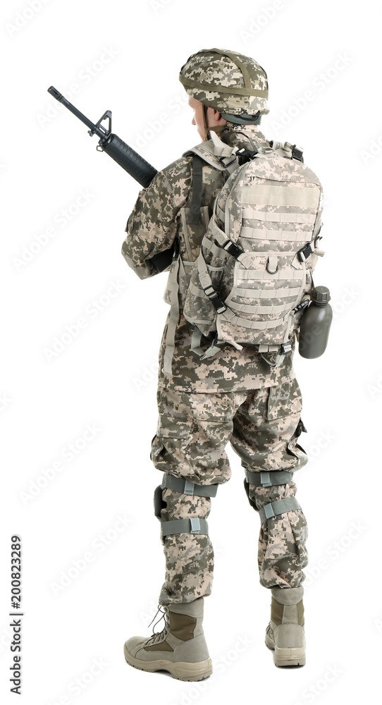 Male soldier with machine gun on white background. Military service Male soldier with machine gun on white background. Military service