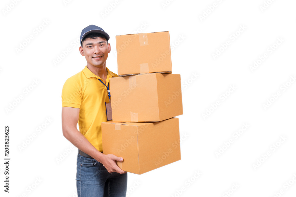 delivery asian man. Happy young courier holding box and smiling on white background delivery asian man. Happy young courier holding box and smiling on white background