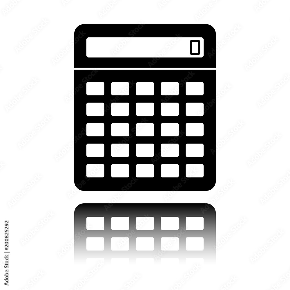 Calculator icon. Black icon with mirror reflection on white background Calculator icon. Black icon with mirror reflection on white background
