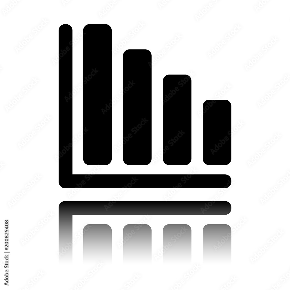 Declining graph line icon. Black icon with mirror reflection on white background Declining graph line icon. Black icon with mirror reflection on white background