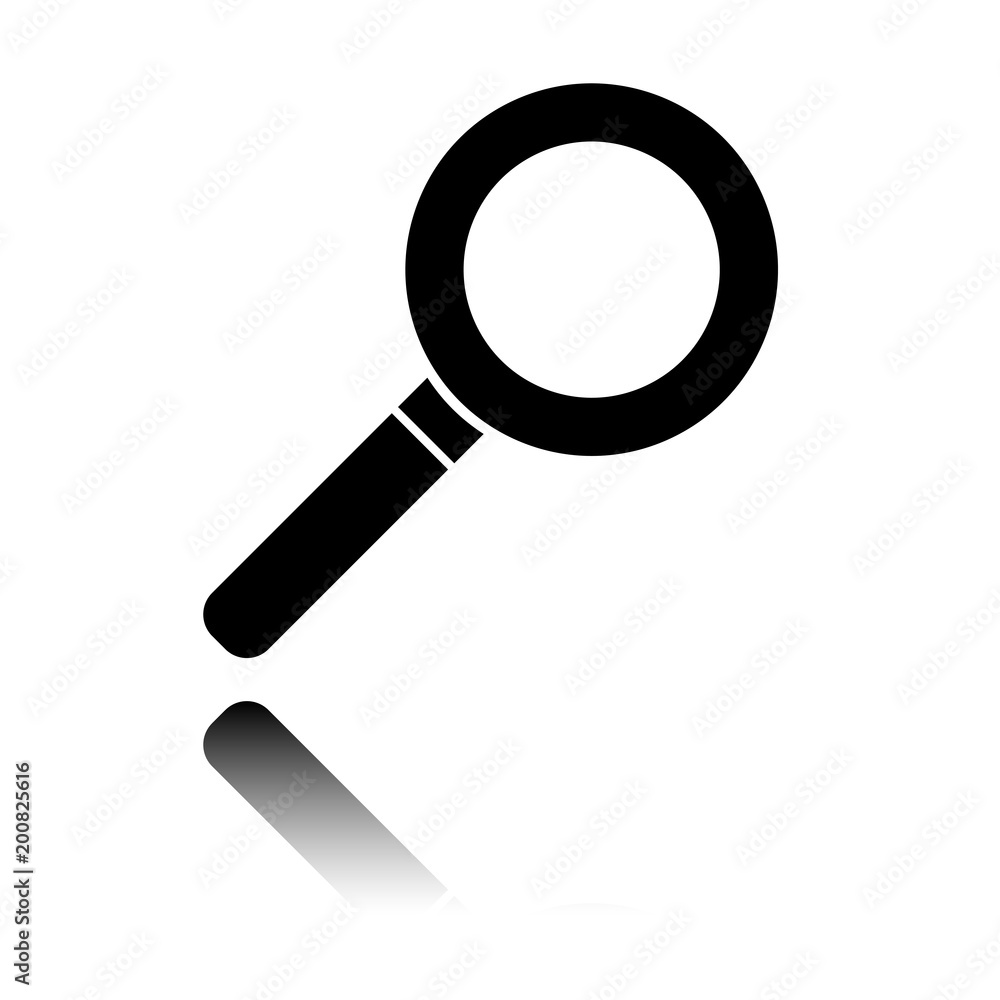 magnifying glass icon. Black icon with mirror reflection on white background magnifying glass icon. Black icon with mirror reflection on white background