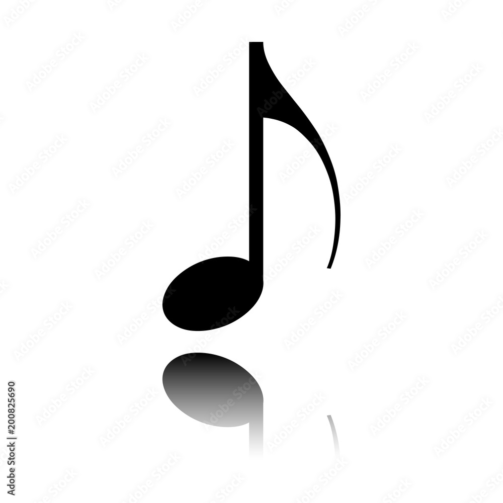 Music note icon. Black icon with mirror reflection on white background Music note icon. Black icon with mirror reflection on white background