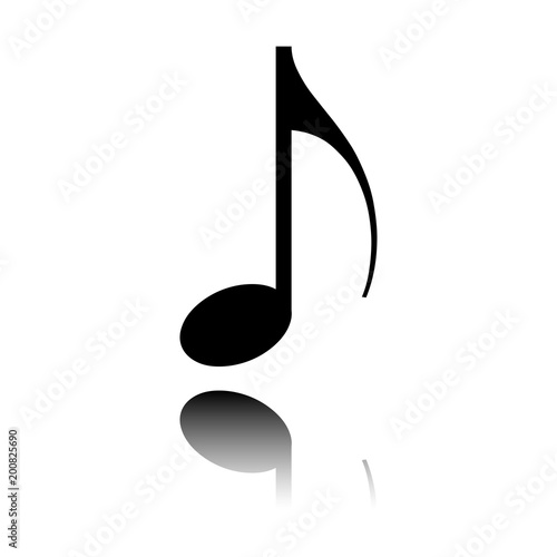 Music note icon. Black icon with mirror reflection on white background