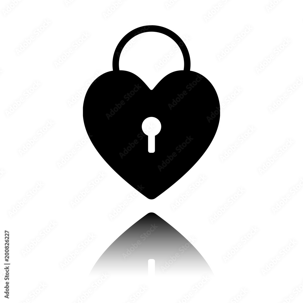 heart lock, padlock. simple silhouette. Black icon with mirror reflection on white background