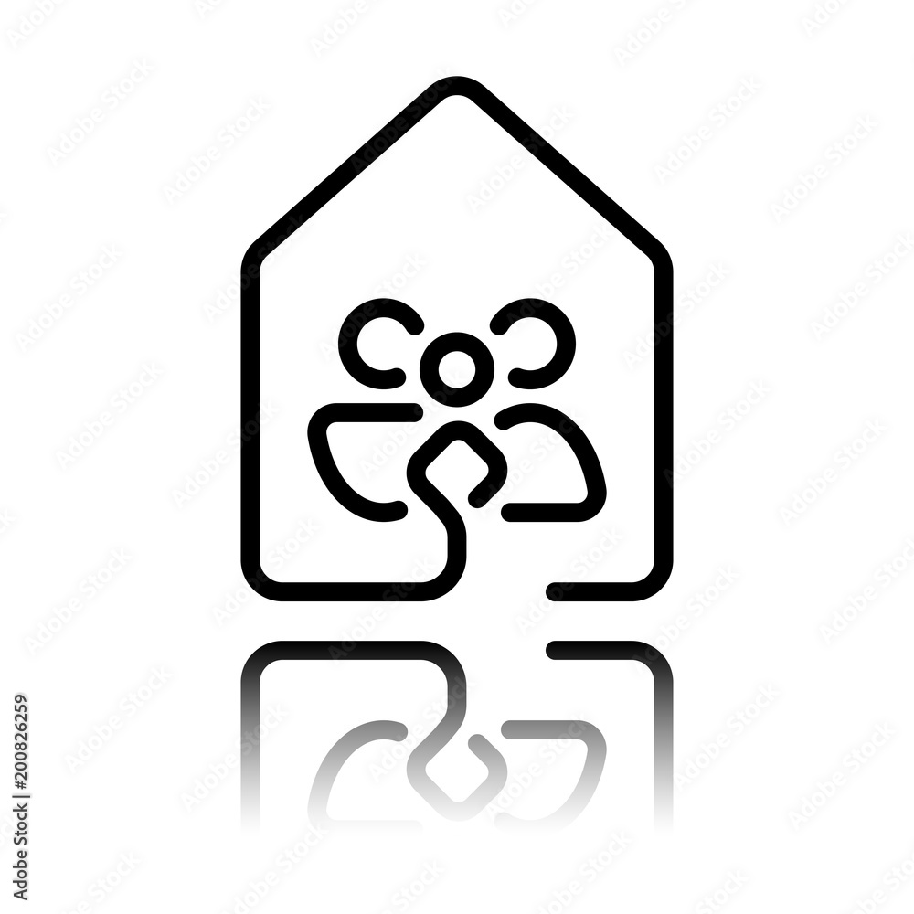 house with family icon. line style. Black icon with mirror reflection on white background