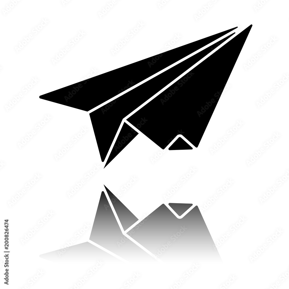 paper plane. origami glider. Black icon with mirror reflection on white background paper plane. origami glider. Black icon with mirror reflection on white background