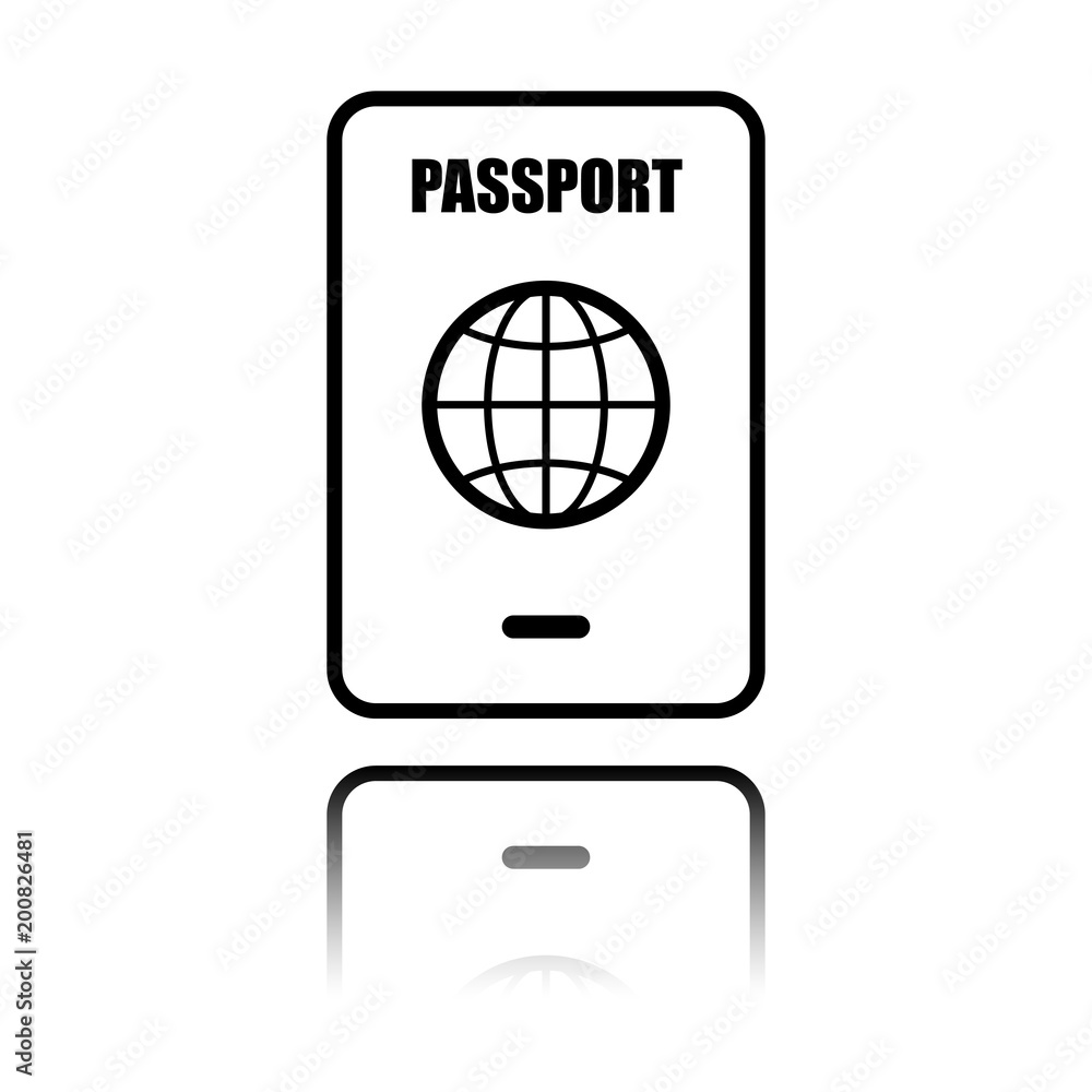 passport, simple icon. Black icon with mirror reflection on white background passport, simple icon. Black icon with mirror reflection on white background