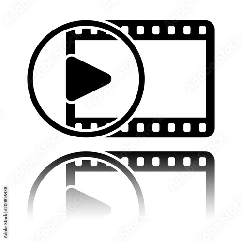 movie strip with play symbol in circle. simple silhouette. Black icon with mirror reflection on white background