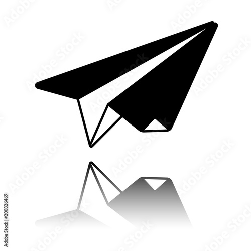 paper plane. origami glider. Black icon with mirror reflection on white background