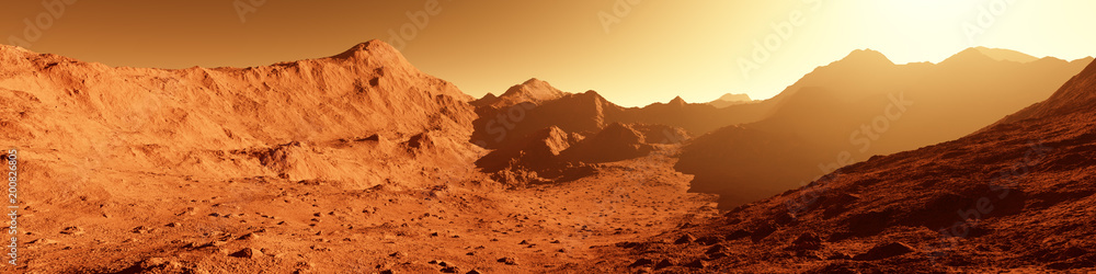 Naklejka premium Szeroka panorama mars - czerwona planeta - krajobraz z górami podczas wschodu lub zachodu słońca