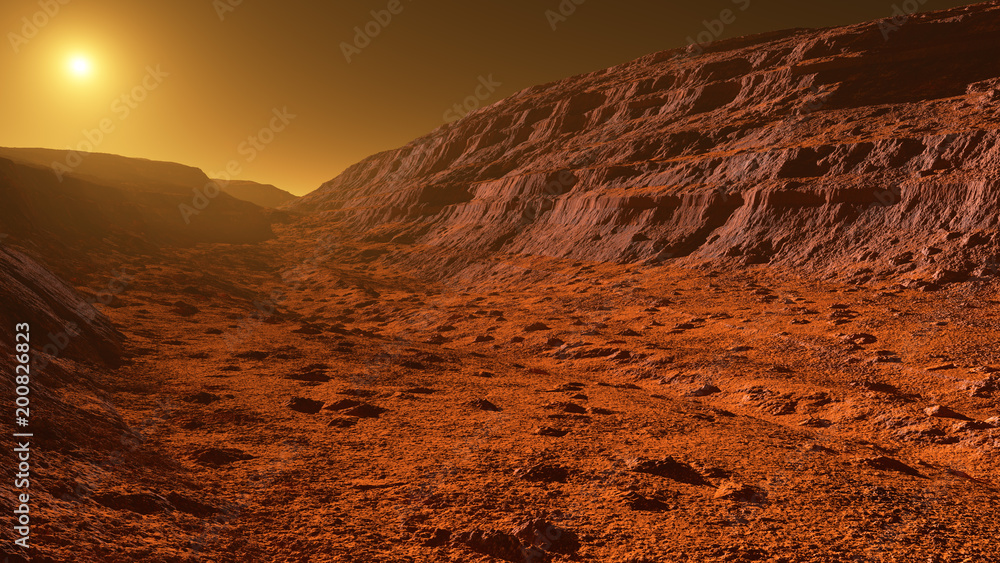 Fototapeta premium Mars - the red planet - landscape with mountains with sedimentary rock layers during sunrise or sunset