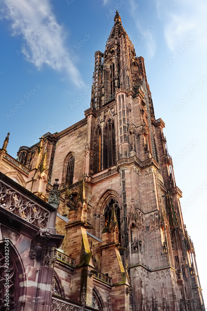 Part of beautiful Cathedral Notre Dame of Strasbourg in sunset light. Alsace, France