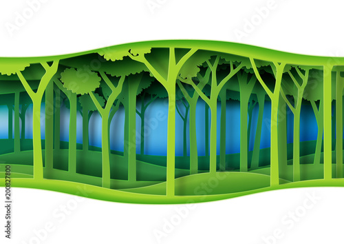 Green abstract nature forest with origami paper layer cut abstract nature background.Ecology and environment conservation concept design paper art style.Vector illustration.