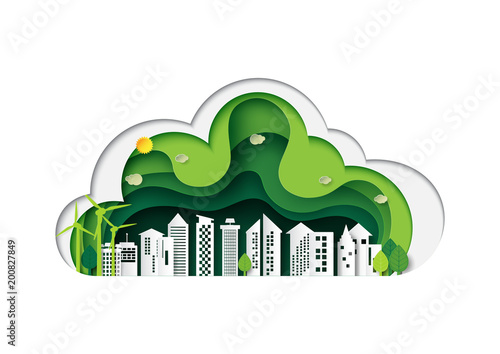 Green eco friendly urban city and nature landscape with paper layer cut abstract background.Ecology and environment conservation concept design paper art style.Vector illustration.
