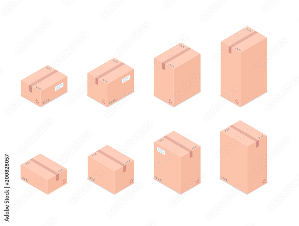 Fototapeta premium Collection of isometric cardboard boxes isolated on white background. Set of different size boxes for transportation, packaging, shipment and delivery vector cartoon illustration.