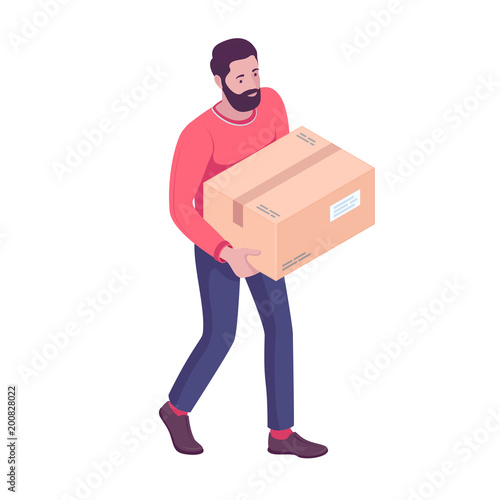 Young caucasian white homeowner moving to a new house and carrying box. Delivery man walking with cardboard box. Vector cartoon isometric illustration isolated on white background. Square layout.