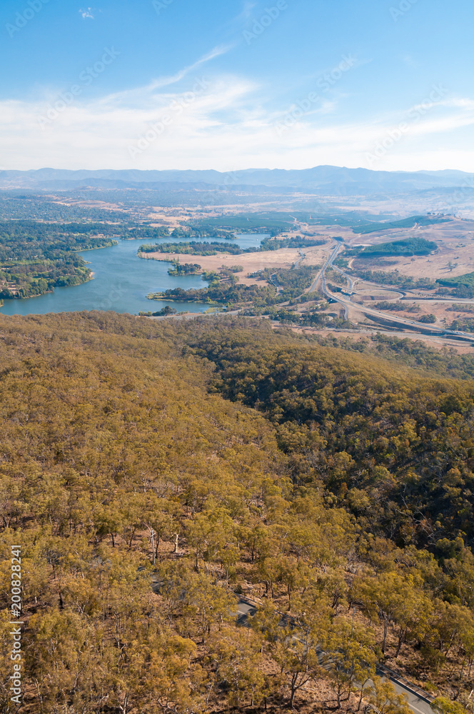 Aerial view of Canberra and surrounding landscape