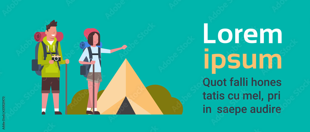 Couple Of Tourists Hikers With Backpacks Man And Woman Over Camping Tent Background With Copy Space Flat Vector Illustration Couple Of Tourists Hikers With Backpacks Man And Woman Over Camping Tent Background With Copy Space Flat Vector Illustration