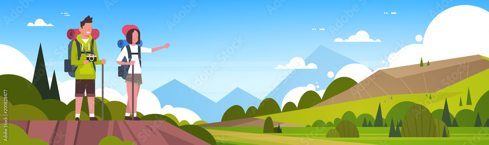 Man And Woman Tourists With Backpacks Over Beautiful Nature Landscape Background Couple Hiking Horizontal Banner Flat Vector Illustration