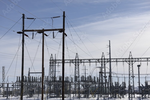 High voltage electrical power sub station metal structure for electrical distribution in South Dakota, USA