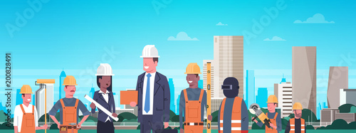 Construction Workers Team Over Modern City Background Horizontal Banner Flat Vector Illustration