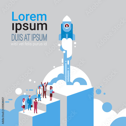 Group Of Business People Over Flying Space Rocket Startup Idea Creation Concept Isometric Vector Illustration © mast3r