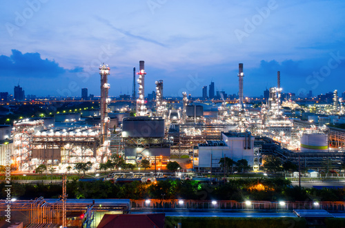 Aerial view of twilight of oil refinery  Shot from drone of Oil refinery and Petrochemical plant at dusk   Bangkok  Thailand