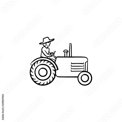 Man driving tractor hand drawn outline doodle icon. Farmer working on tractor vector sketch illustration for print, web, mobile and infographics isolated on white background.