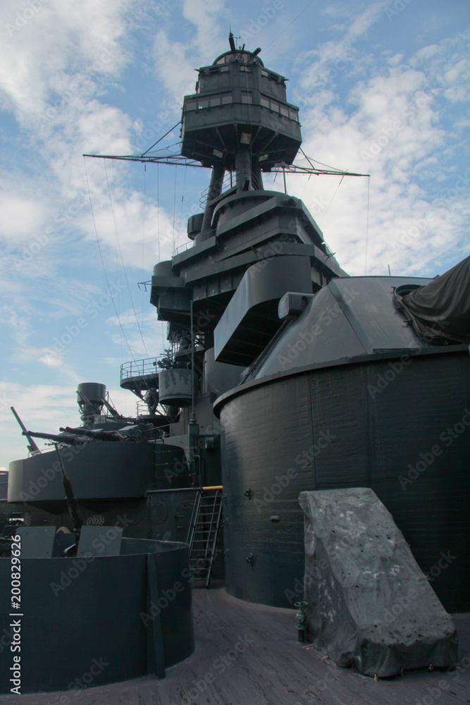 Conning tower, bridge, mast, forward guns, and foredeck of USS Texas
