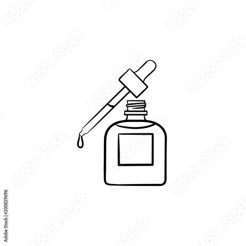 Essential oil and pipette hand drawn outline doodle icon. Bottle of aromatherapy oil for body and dropper vector sketch illustration for print, web, mobile and infographic isolated on white background