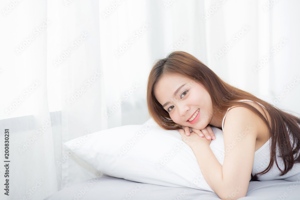 Portrait of beautiful asian young woman sleep lying in bed with head on pillow comfortable and happy with leisure, girl with relax for health and lifestyle concept. Portrait of beautiful asian young woman sleep lying in bed with head on pillow comfortable and happy with leisure, girl with relax for health and lifestyle concept.