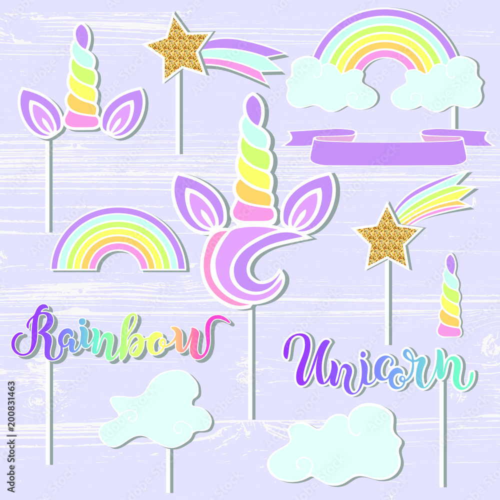 Vector set with Unicorn, Rainbow, Horn, star. Unicorn, Rainbow handwritten lettering as patch, stick cake toppers, laser cut plastic, wooden toppers. Props for baby birth, Unicorn, Birthday party.