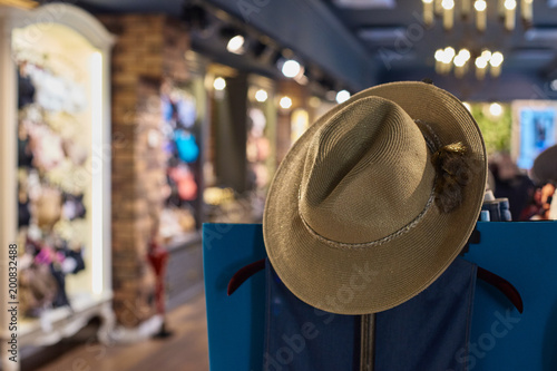 Female stylish light-brown hat on hanger in modern room