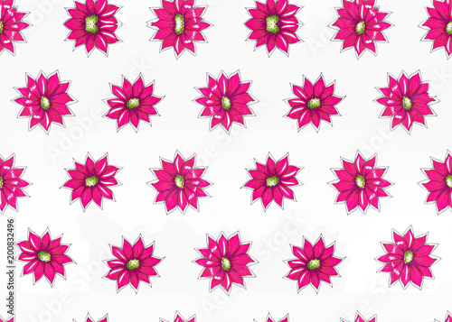 Botanical hand drawn pattern with bright pink flowers, seamless tiling texture