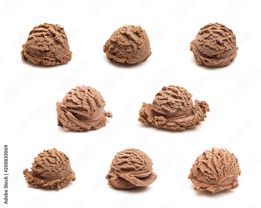 Eight Different Scoops of Chocolate Ice Cream on a White Background Eight Different Scoops of Chocolate Ice Cream on a White Background