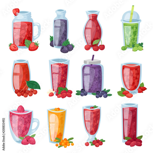 Smoothie vector healthy berry drink in glass or fresh beverage mix of strawberry blueberry and raspberry illustration set of berrylike juice of gooseberry or cranberry isolated on white background